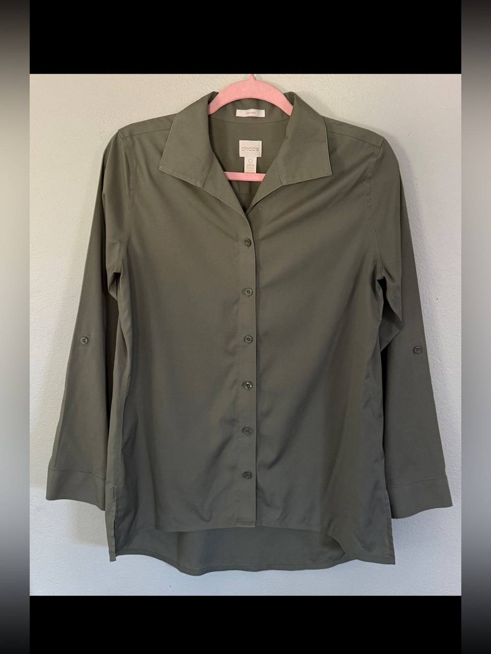 Chico's No Iron Chic Stretch Button Up Top Women’s 0 Small Long Sleeve Olive